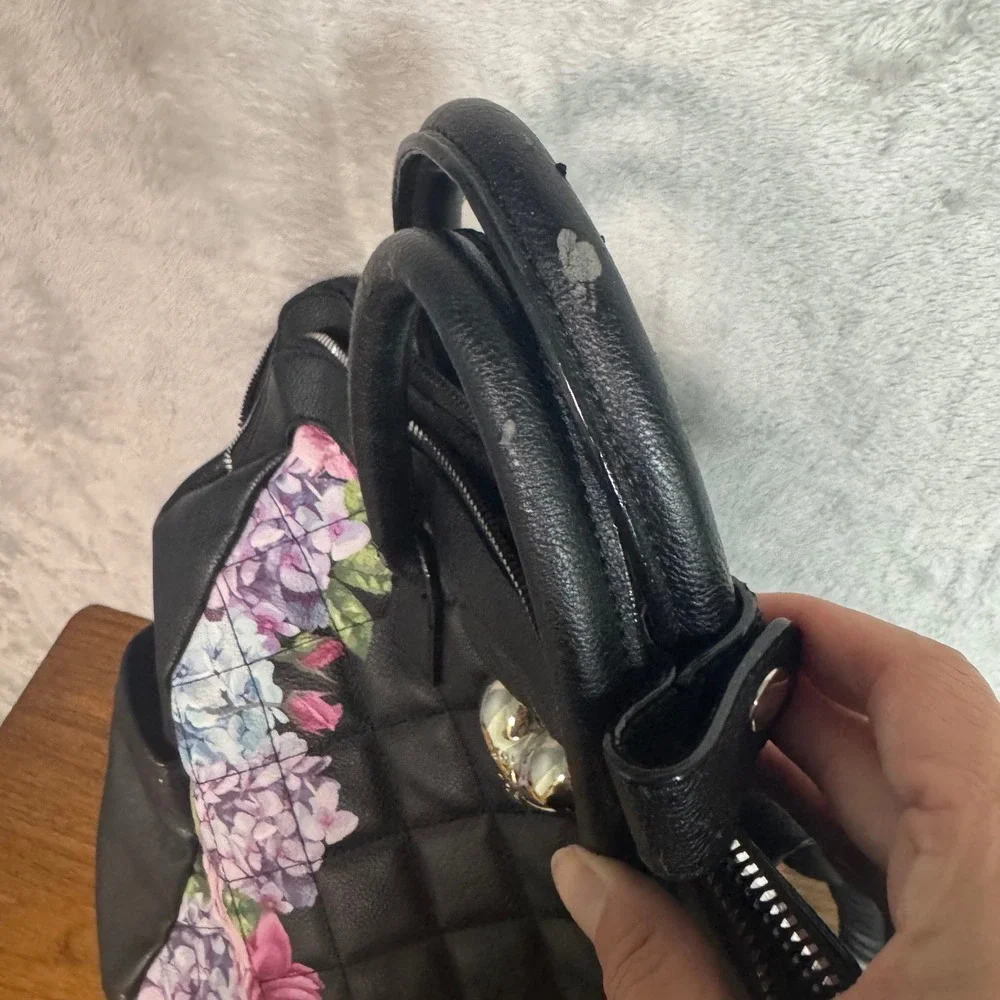 Betsey Johnson Black Quilted Floral Heart Backpack Satchel Bag